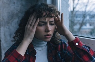 Emotional Stress Indoors &ndash; Person in Red Plaid Shirt Sitting by Window with Hands on Head in Winter Mood, stress, emotion, indoor, winter, contemplation, plaid, discomfort, solitude