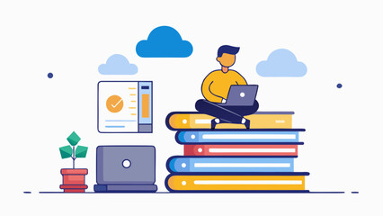 Student studying with digital and traditional resources Vector