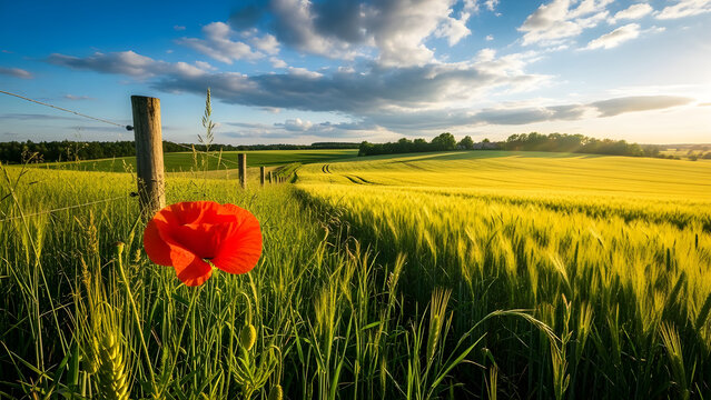 A vibrant red poppy flower in a lush green wheat field with a rustic fence post under a blue sky with white clouds at sunset - Powered by Adobe