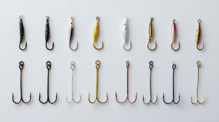 Fishing hook display rack with single and double hooks neatly arranged, isolated on white background.