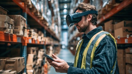 Focused view of an apprentice scanning inventory in a virtual warehouse aisle using handson digital twin simulation for accurate logistic task training.