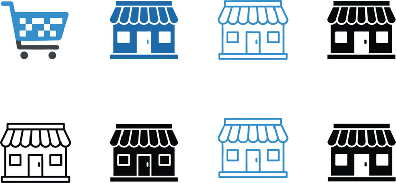 Professional e-commerce icon set featuring shopping cart and various storefront building designs in blue black and outline styles.