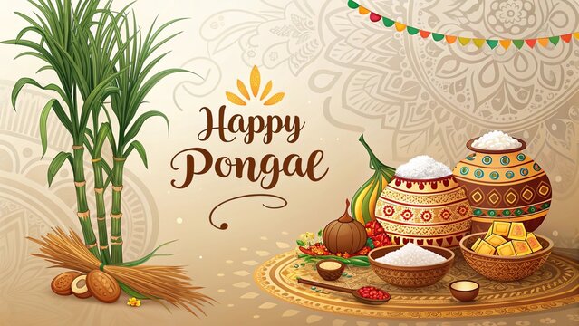 South Indian Pongal greeting design with earthen pot and marigold flowers.
