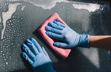 Surface Cleaning Concept &ndash; Blue Gloves Scrubbing Wet Soapy Surface with Pink Cloth in Close-Up, cleaning, hygiene, sanitation, gloves, soap, suds, cloth, hand, scrub, wet, surface, close-up, domestic 