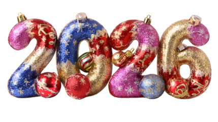 Colorful Christmas ornaments forming 2026 on black background