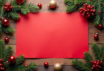 Top down view, flat, In the center is template of large red rectangular color paper on wood background. Around red color paper lying festive christmas decorations