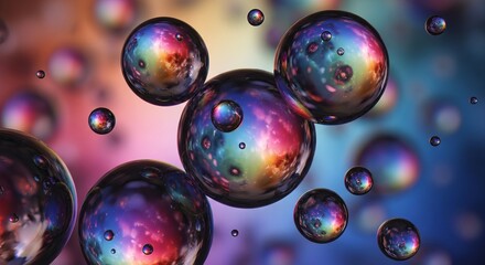 Vibrant iridescent spheres float in a colorful, abstract cosmic background, suggesting dreams and imagination.