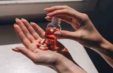 Medication Transfer Concept &ndash; Red and White Capsules Poured from Transparent Bottle into Open Hand in Natural Light, pills, capsules, medication, health, wellness, pharmaceutical, hand, bottle, red