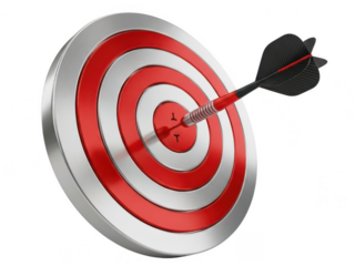 A perfect bullseye on a metallic dartboard isolated on transparent background