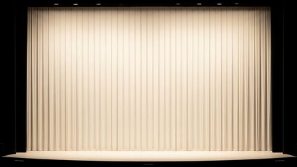 Empty Theater Stage with Closed Beige Curtain.