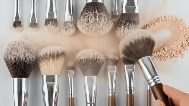 Collection of Makeup Brushes with Powder Dusting Effect.