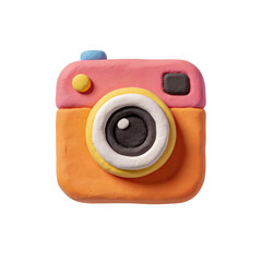 Clay style camera icon with lens and flash, rendered as a colorful 3d object and isolated on transparent background. Photography and media symbol for apps, UI design, photo tools, and creative