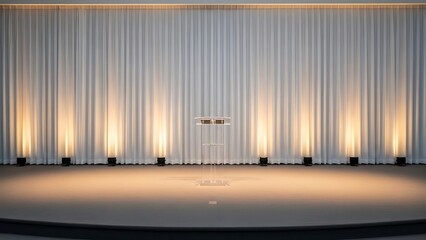 Empty Theater Stage With Closed Curtain And Microphone.