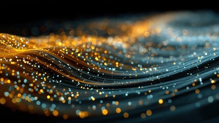 Abstract wavy lines with glowing golden particles on a dark background