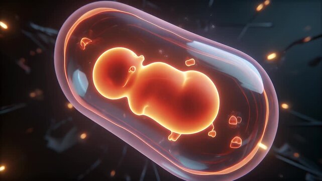 A glowing human embryo developing inside a transparent capsule, surrounded by microscopic cellular structures in a dark, futuristic environment.