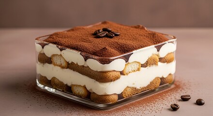 Delicious Tiramisu Dessert in Glass Dish with Coffee Beans.