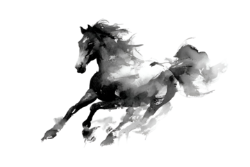 Majestic horse in motion with abstract white brushstrokes on black