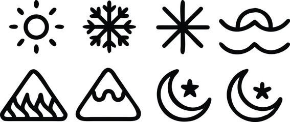 Obraz premium Seasonal icons, sun, snowflake, abstract star, mountains, moon, and waves, line art vector