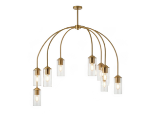 Modern brass chandelier with clear glass shades isolated on transparent background