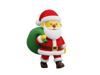 A cartoon santa claus with a green bag on a transparent background