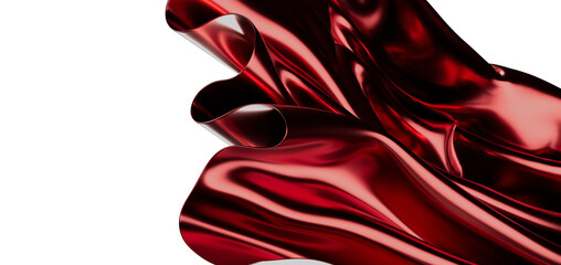 Stunning abstract image of flowing red silk cloth with captivating light reflections on white backg