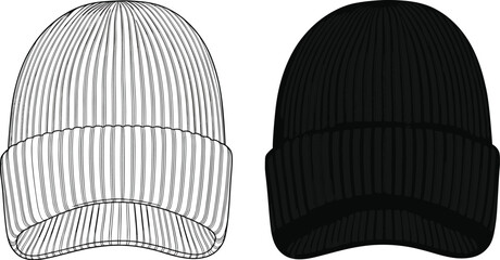 Winter knit beanie cap technical drawing front view, ribbed cuff warm hat accessory design, casual streetwear headwear fashion, flat vector, cad drawing flat vector © Shirina