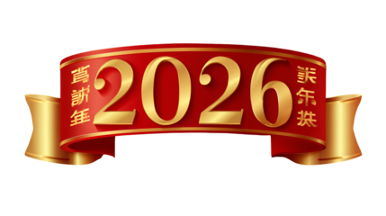 Vibrant red banner with golden 2026 text and Chinese characters
