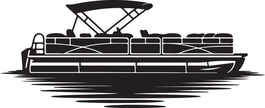 Silhouette of a pontoon boat with a canopy and seats on water watercraft vessel