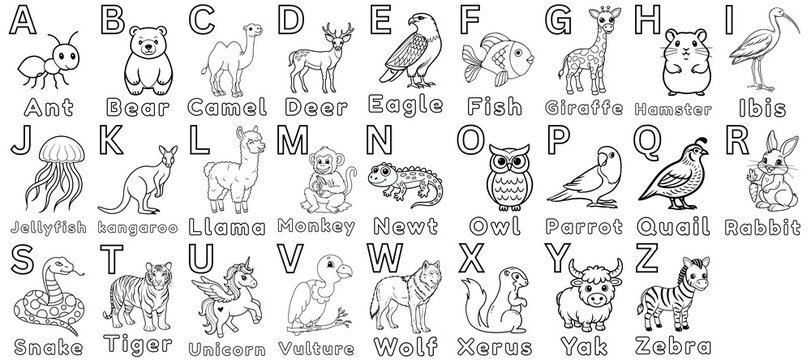 Animal Alphabet Coloring Page for Kids &ndash; A to Z Letters and Animals Illustration
