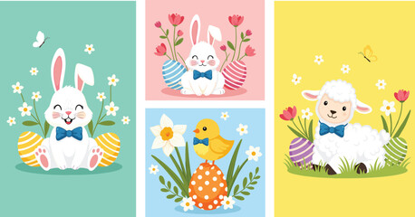 Cute Easter illustration set with bunny chick and lamb holding decorated eggs spring holiday cards vector © Sumon Creative