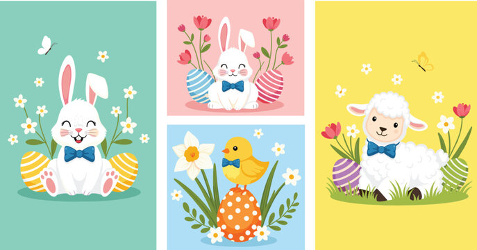 Cute Easter illustration set with bunny chick and lamb holding decorated eggs spring holiday cards vector