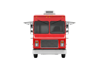 A modern food truck with a glossy red cabin, transparent body, open serving window, chrome bumper on a transparent studio background with copy space. Concept of efficient mobile culinary business.