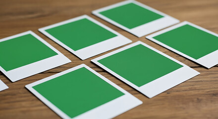 Blank green photo prints laid out on a wooden surface