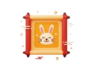 A cartoon rabbit on a scroll with red borders and gold accents on transparent background