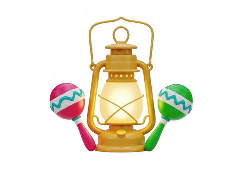 A gold lantern with colorful maracas on either side on transparent background - Powered by Adobe
