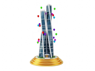 A colorful illustration of a building with confetti on a gold base isolated on transparent background