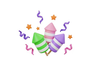 Colorful party poppers with confetti and stars on transparent background
