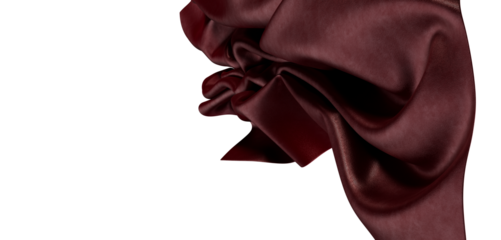 Elegant studio shot of a burgundy fabric. Soft, silky material with folds, isolated on white backdrop. Perfect for textu