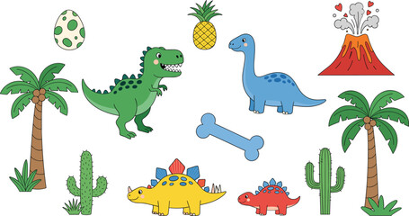 Cute dinosaur cartoon illustration set with prehistoric animals volcano palm trees and playful elements vector © Sumon Creative