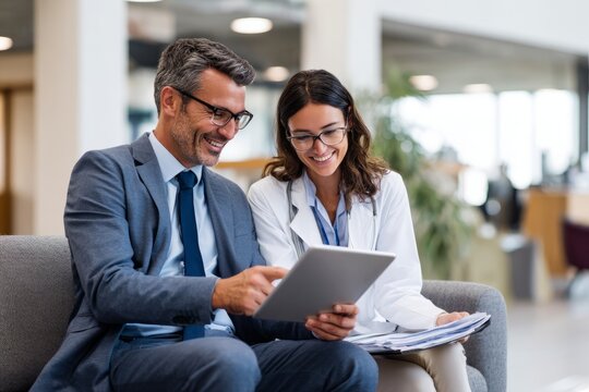 A medical salesperson and a female doctor were sitting on the sofa in the hospital office, discussing while using an electronic tablet computer