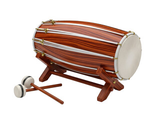 A large brown wooden drum with two drumsticks on a stand isolated on transparent background