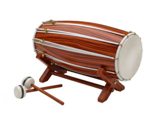 A large brown wooden drum with two drumsticks on a stand isolated on transparent background
