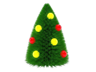 A green artificial christmas tree with red and yellow baubles isolated on transparent background