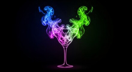 Vibrant colorful smoke swirls into a martini glass, creating an abstract, celebratory atmosphere.