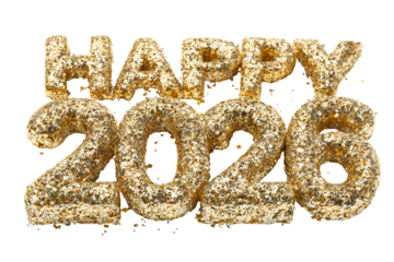 Golden glittery Happy 2026 text on black background