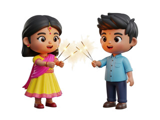 Two cartoon children holding sparklers on a transparent background with festive clothing