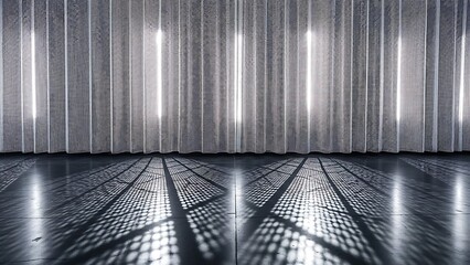 Futuristic corridor with vertical lights and metallic floor patterns.