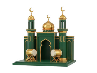 Green and gold mosque model with minarets and dome on transparent background