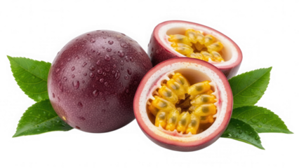 Ripe passion fruit whole and halved with leaves isolated on transparent background