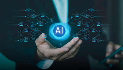 AI network and data connections on smartphone, intelligent systems, machine learning, automation workflows, digital analytics. Artificial intelligence concept, and smart technology integration.